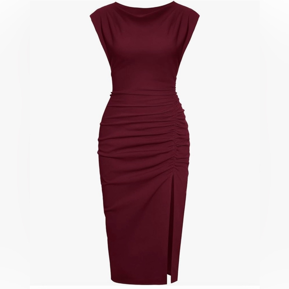Wine-Red Ruched Cowl Neck Sheath Midi Dress